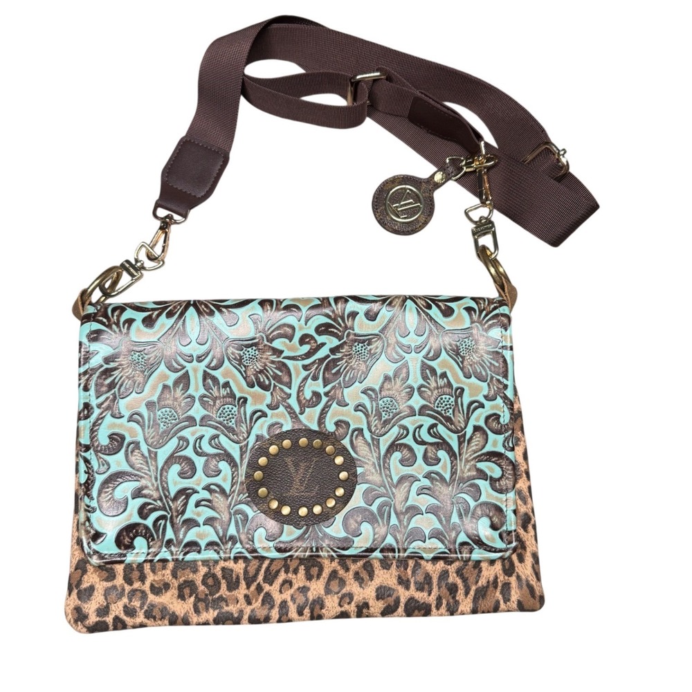 Keep It Gypsy Upcycled Louis Vuitton Crossbody Messenger Bag Turquoise Leather‎